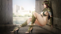  1girl 3d armor blurry bottomless breasts brown_hair depth_of_field egyptian egyptian_clothes forehead_protector full_body gorget green_eyes headdress high_heels highres jewelry kingdom_under_fire large_breasts legs lips long_hair looking_at_viewer original pauldrons primrose_egypt ryanreos scale_armor shoulder_armor sideboob sidelocks solo vambraces 