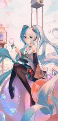  1girl absurdres aqua_hair aqua_nails aqua_necktie bare_shoulders black_footwear black_sleeves blowing_bubbles boots breasts bubble_wand building cloud collared_shirt commentary detached_sleeves from_side full_body green_eyes hair_between_eyes hatsune_miku headset highres knee_up knees_together_feet_apart layered_skirt long_hair looking_at_viewer looking_to_the_side miniskirt nail_polish necktie parted_lips pleated_skirt shirt shoulder_tattoo sideways_glance sitting skindentation skirt sleeveless sleeveless_shirt small_breasts smile solo tattoo thigh_boots twintails very_long_hair vocaloid white_shirt wide_sleeves xianluojimaomao2333 