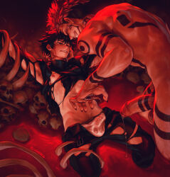  2boys arm_tattoo armpit_hair back_tattoo belt biceps biting black_hair blood bludwing blush bulge commentary english_commentary erection erection_under_clothes evil_grin evil_smile extra_eyes foreskin fushiguro_megumi grin hand_mouth highres imminent_penetration jujutsu_kaisen leg_hair leg_tattoo looking_at_another male_focus male_pubic_hair male_underwear multiple_boys neck_biting neck_grab neck_tattoo nipples one_eye_closed open_fly pants penis penis_tattoo pile_of_skulls pink_hair pool_of_blood precum pubic_hair red_eyes restrained ryoumen_sukuna_(jujutsu_kaisen) short_hair shoulder_tattoo size_difference skull smile spiked_hair stomach_tattoo tattoo tentacles tongue tongue_out torn_clothes torn_pants translucent underwear yaoi 