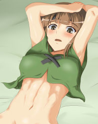  1girl abs armpits arms_up blush bottomless breasts brown_hair covered_erect_nipples creatures_(company) female_focus game_freak gardenia_(pokemon) gradient_background gym_leader naked_poncho navel nintendo open_mouth pokemon poko_chin solo yellow_eyes  rating:Questionable score:67 user:Manikku