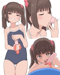  1girl blue_one-piece_swimsuit brown_eyes brown_hair bubukka collarbone flat_chest food hair_ornament hair_scrunchie loli looking_at_viewer mole mole_under_eye multiple_views one-piece_swimsuit open_mouth original red_scrunchie sausage school_swimsuit scrunchie sexually_suggestive simple_background smile standing swimsuit teeth thighs tongue tongue_out twintails upper_teeth_only white_background 