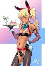  1boy absurdres androgynous animal_ears aqua_bow aqua_bowtie bikini_tan black_gloves blonde_hair bow bowtie bulge crotch_zipper dated detached_collar detached_sleeves food food_in_mouth gloves highres holding holding_tray male_focus male_playboy_bunny marshmallow navel nipples original pocky pocky_in_mouth rabbit_ears rabbit_tail shirou signature solo tail tan tanline testicle_peek trap tray twintails yellow_eyes zipper 