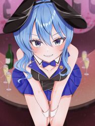  1girl absurdres animal_ears aresiasitennou bare_shoulders between_legs black_vest blue_eyes blue_hair blue_necktie blue_skirt blurry blurry_background blurry_foreground bottle breasts bunny_garden cleavage collarbone cowboy_shot cup detached_collar drinking_glass fake_animal_ears from_above hand_between_legs highres hoshimachi_suisei leotard looking_at_viewer medium_breasts medium_hair miniskirt necktie on_table playboy_bunny pleated_skirt rabbit_ears sitting skirt solo sparkle star_(symbol) star_in_eye symbol_in_eye table vest wine_glass 
