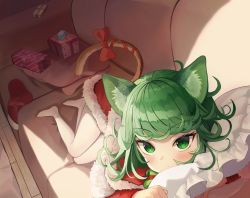 1girl absurdres animal_ears bitseon blush bow cat_ears cat_girl cat_tail christmas christmas_stocking closed_mouth commentary couch curly_hair cushion dress english_commentary from_above fur_trim gift green_eyes green_hair highres indoors kemonomimi_mode knees_together_feet_apart long_sleeves looking_at_viewer lying on_couch one-punch_man pantyhose red_bow red_dress red_ribbon ribbon santa_costume shade short_hair solo tail tail_bow tail_ornament tail_ribbon tatsumaki tsurime rating:Sensitive score:129 user:danbooru