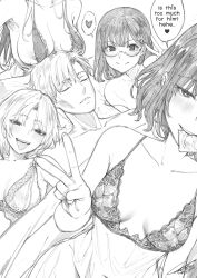 1boy 2023 4girls absurdres babydoll bra breast_rest breasts breasts_on_head cleavage commentary condom condom_in_mouth covered_erect_nipples covered_navel dated english_text fkscrashing frilled_bra frills glasses greyscale guy_tired_after_sex_(meme) harem heart hetero highres large_breasts medium_breasts meme monochrome mouth_hold multiple_girls nipple_slip nipples original signature smile speech_bubble spoken_heart strap_slip sunken_cheeks tongue tongue_out underwear
