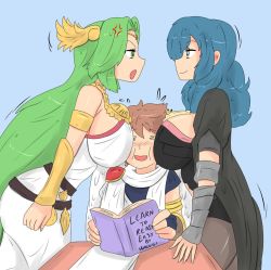 1boy 2girls angry between_breasts blue_eyes blue_hair blush book breast_press breast_smother breasts brown_hair byleth_(female)_(fire_emblem) byleth_(fire_emblem) cape cleavage dress face_between_breasts face_to_breasts fire_emblem fire_emblem:_three_houses green_eyes green_hair grin head_between_breasts jewelry kid_icarus kid_icarus_uprising long_hair multiple_breast_smother multiple_girls nintendo palutena pantyhose pendant pit_(kid_icarus) shorts sitting smile standing super_smash_bros. sweat tikoriko wings rating:Questionable score:54 user:Mr._Jive