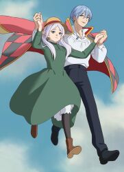  1boy 1girl argyle_clothes black_footwear black_pantyhose blue_hair blue_pants brown_footwear cloud cloudy_sky commentary cosplay crossover dress flying frieren full_body green_dress green_eyes highres himmel_(sousou_no_frieren) holding_hands howl_(howl_no_ugoku_shiro) howl_(howl_no_ugoku_shiro)_(cosplay) howl_no_ugoku_shiro jacket long_hair open_clothes open_jacket pants pantyhose parody parted_lips scene_reference shirt short_hair sky sophie_(howl_no_ugoku_shiro) sophie_(howl_no_ugoku_shiro)_(cosplay) sousou_no_frieren syaparinton twintails white_hair white_shirt 