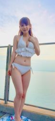  1girl asian bikini breasts cleavage highres horizon japanese_(nationality) nakagawa_shouko navle photo_(medium) real_life sky swimsuit white_bikini 