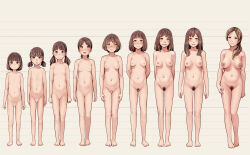  1girl absurdres age_progression arms_behind_back barefoot breasts brown_eyes brown_hair censored character_chart commentary_request completely_nude earrings female_focus female_pubic_hair flat_chest freckles full_body highres jewelry large_breasts legs_together lineup loli mature_female medium_hair navel nipples nude original ponytail pubic_hair pussy rensyu short_hair short_twintails small_breasts smile standing toes twintails  rating:Explicit score:559 user:danbooru