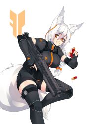  12-gauge 1girl absurdres ammunition animal_ear_fluff animal_ears between_fingers bike_shorts black_gloves black_thighhighs breasts bullpup commentary elbow_gloves eyes_visible_through_hair fingerless_gloves fox_ears fox_girl fox_tail gloves grin gun hair_between_eyes highres holding large_breasts long_hair looking_at_viewer low-tied_long_hair orange_eyes original parted_lips pouch pump-action_shotgun pump_action shotgun shotgun_shell smile solo sub-res tail thighhighs trigger_discipline utas_uts-15 uts-15 v-shaped_eyebrows weapon white_background white_hair  rating:Sensitive score:8 user:danbooru