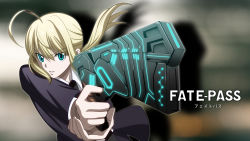 10s 1girl ahoge aono_shimo artoria_pendragon_(fate) bad_id bad_pixiv_id blonde_hair blue_eyes creator_connection dominator_(gun) fate/stay_night fate/zero fate_(series) formal gun highres holding holding_gun holding_weapon necktie parody parted_lips ponytail psycho-pass saber_(fate) solo suit title_parody urobuchi_gen weapon