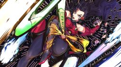  1girl black_background bodystocking capcom capcom_fighting_jam detached_sleeves dress dutch_angle full_lips gold_buttons hair_blowing high_heels highres long_dress purple_eyes purple_hair red_dress rose_(street_fighter) scarf shawl shawl_wrapped_around_leg speed_lines street_fighter street_fighter_iv_(series) street_fighter_v street_fighter_zero_(series) tarot_card thighhighs yellow_shawl 
