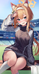  1girl absurdres animal_ear_fluff animal_ears arm_support blonde_hair blue_archive blue_eyes blurry blurry_background blush breasts depth_of_field gym_uniform hairband highres jacket kneehighs long_hair long_sleeves looking_at_viewer mari_(blue_archive) mari_(track)_(blue_archive) medium_breasts open_mouth ribbon shorts sitting socks solo sweat tem thighs  rating:Sensitive score:17 user:danbooru
