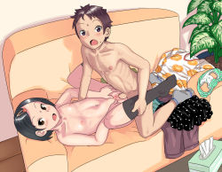 1boy 1girl black_hair blush breasts brown_eyes brown_hair caught child_on_child clitoral_hood clitoris couch hair_ornament hairclip hetero indoors kneehighs kneeling leg_grab loli looking_at_viewer lying missionary navel nipples no_shoes nude on_back on_couch open_mouth original panties unworn_panties pants unworn_pants penis plant potted_plant pussy sex unworn_shirt short_hair shota skirt unworn_skirt small_breasts socks spread_legs spread_pussy stain surprised sweat tissue tissue_box uncensored underwear unmaker urethra vaginal walk-in rating:Explicit score:614 user:sytalidis