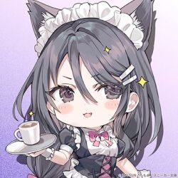  1girl :3 animal_ears artist_name black_eyes black_hair blush bow bowtie breasts chibi chibi_only cleavage commentary_request copyright_notice cropped cup eyes_visible_through_hair fake_animal_ears fang hair_between_eyes hair_ornament hairclip hand_up holding holding_plate kimishima_ayano long_hair looking_at_viewer lowres maid maid_headdress momoko_(momopoco) official_art open_mouth pink_bow pink_bowtie plate puffy_short_sleeves puffy_sleeves purple_background second-party_source short_sleeves simple_background smirk solo sparkle tokidoki_bosotto_roshia-go_de_dereru_tonari_no_arya-san upper_body v-shaped_eyebrows very_long_hair wrist_cuffs 