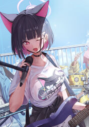  3girls airi_(band)_(blue_archive) airi_(blue_archive) animal_ears black_choker black_hair black_mask blue_archive blue_jacket blush breasts cat_ears choker colored_inner_hair day drum drumsticks electric_guitar extra_ears guitar halo haowei_wu highres holding holding_drumsticks holding_microphone instrument jacket kazusa_(band)_(blue_archive) kazusa_(blue_archive) keyboard_(instrument) large_breasts mask mask_pull microphone mouth_mask multicolored_hair multiple_girls natsu_(band)_(blue_archive) natsu_(blue_archive) official_alternate_costume one_eye_closed open_mouth outdoors pink_hair pink_halo pleated_skirt red_eyes shirt short_hair short_sleeves skirt sweat wet wet_clothes wet_shirt white_shirt white_skirt 