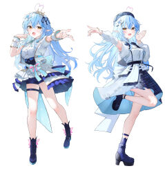  1girl :d absurdres ahoge aki_uzuki3 ankle_boots aqua_bow aqua_bowtie aqua_hair aqua_nails aqua_sash aqua_wrist_cuffs back_bow belt beret blue_belt blue_corset blue_footwear blue_hair blue_hat blue_journey_(hololive) blue_ribbon blue_shorts blue_skirt boots bow bowtie bracelet brooch collared_shirt colored_tips commentary commentary_request corset crown detached_sleeves double-parted_bangs dress_shirt elf fang finger_to_own_chin flower frilled_skirt frills full_body glowstick gold_trim hair_between_eyes hair_flower hair_ornament hair_ribbon half-skirt hand_up hat heart heart_ahoge high-low_skirt high_heel_boots high_heels highres hololive hololive_idol_uniform_(bright) idol idol_clothes jacket jewelry large_bow layered_skirt leg_up long_hair mini_crown multicolored_hair neck_ribbon o-ring o-ring_belt official_alternate_costume open_clothes open_jacket open_mouth outstretched_arm overskirt pink_bow plaid_headwear platform_footwear pointing pointing_forward pointy_ears puffy_detached_sleeves puffy_short_sleeves puffy_sleeves reaching ribbon sash_bow shirt short_sleeves shorts simple_background skin_fang skirt sleeveless sleeveless_shirt smile solo standing standing_on_one_leg streaked_hair striped_sash two-sided_fabric two-sided_skirt variations vest virtual_youtuber white_background white_jacket white_shirt white_skirt white_vest white_wrist_cuffs wrist_cuffs yellow_eyes yukihana_lamy 