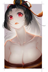 1girl black_hair breasts cleavage collarbone gaoyang_ou_nisang highres japanese_clothes kimono large_breasts lips long_hair looking_at_viewer off_shoulder onmyoji pale_skin parted_bangs red_eyes red_lips short_eyebrows solo upper_body youtouhime rating:Questionable score:7 user:danbooru