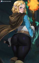 absurdres ass ass_focus blonde_hair blue_eyes blush braid butt_crack crown_braid echo_saber from_behind from_below gluteal_fold highres huge_ass looking_back nintendo official_alternate_costume official_alternate_hairstyle pointy_ears princess_zelda skin_tight solo the_legend_of_zelda the_legend_of_zelda:_breath_of_the_wild the_legend_of_zelda:_tears_of_the_kingdom thick_thighs thighs rating:Sensitive score:167 user:dudewtf