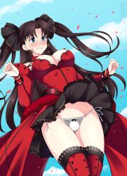  1girl alternate_breast_size artist_name black_hair blue_eyes blush breasts dress earrings elbow_gloves falling_petals fate/stay_night fate_(series) floating_hair gloves hair_ribbon highres jewelry large_breasts lindaroze long_hair panties patreon_username petals red_dress ribbon side-tie_panties signature skirt sky solo thighhighs tohsaka_rin tohsaka_rin_(formalcraft) twintails twitter_username underwear white_panties wind wind_lift 