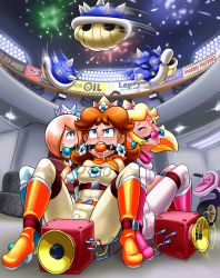  3girls ball_gag bdsm biker_clothes bikesuit blonde_hair blue_eyes blue_shell_(mario) blush bodysuit bondage boots bound breasts brown_hair closed_eyes crown drill_hair earrings embarrassed flower_earrings gag gagged highres jewelry looking_up mario_(series) mario_kart medium_breasts motor_vehicle multiple_girls nervous night night_sky nintendo nipple_stimulation princess_daisy princess_peach rosalina scarf sex_toy shaxbert shell sky spiked_shell struggling super_horn super_mario_bros._1 super_mario_galaxy super_mario_land sweat tagme vibrator vibrator_bulge vibrator_on_nipple vibrator_under_clothes wheel  rating:Explicit score:128 user:BigStudBen