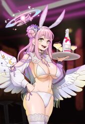 1girl absurdres alcohol angel_wings animal_ears arm_cutout badge bikini black_scrunchie blue_archive blurry blurry_background breasts button_badge champagne champagne_bottle champagne_coupe cleavage commentary_request crescent cup drinking_glass fake_animal_ears feathered_wings fingernails flower frilled_ribbon frills gang72 gradient_hair hair_bun hair_flower hair_ornament hair_ribbon halo hand_on_own_hip highres holding holding_tray indoors korean_commentary large_breasts leotard linea_alba long_hair long_sleeves low_wings mika_(blue_archive) multicolored_hair navel neck_ribbon nontraditional_playboy_bunny open_mouth pink_hair pink_halo pink_lips playboy_bunny playboy_bunny_bikini playboy_bunny_swimsuit purple_flower purple_ribbon rabbit_ears ribbon scrunchie shirt shrug_(clothing) side-tie_bikini_bottom single_side_bun smile solo standing stomach swimsuit teeth thighhighs thighs tongue tray underboob upper_teeth_only white_bikini white_headwear white_ribbon white_shirt white_thighhighs white_wings wings wrist_scrunchie yellow_eyes