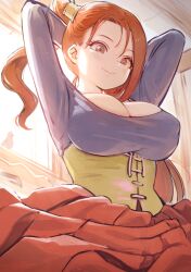  1girl arms_behind_head arms_up blush breasts brown_eyes cleavage corset dragon_quest dragon_quest_viii indoors jessica_albert large_breasts long_hair long_sleeves orange_hair red_skirt skirt smile solo tomamatto twintails window 