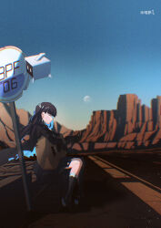 1girl absurdres black_dress black_hair blue_hair chromatic_aberration closed_eyes closed_mouth colored_inner_hair dress earrings highres jewelry long_hair long_sleeves mechanical_hands mechanical_legs mountainous_horizon multicolored_hair playing_guitar punishing:_gray_raven puyuyan road selena:_tempest_(punishing:_gray_raven) selena_(punishing:_gray_raven) signature single_mechanical_leg sitting sky solo triangle_earrings 