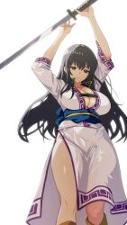  1girl ahonoko black_hair breasts brown_eyes cleavage collarbone expressionless feet_out_of_frame fire_emblem fire_emblem:_the_blazing_blade grey_eyes highres holding holding_weapon huge_breasts incoming_attack karla_(fire_emblem) long_hair looking_at_viewer nintendo sash simple_background solo sword weapon white_background 