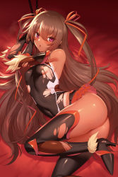  1girl ass boots breasts brown_hair covered_navel curvy fishnets frilled_leotard frills highleg highleg_leotard highres huge_ass impossible_clothes impossible_leotard leotard long_hair looking_at_viewer m-da_s-tarou mizuki_yukikaze one-piece_tan purple_eyes shiny_clothes shiny_skin small_breasts solo sweat taimanin_(series) taimanin_suit taimanin_yukikaze tan tanline thighhighs torn_clothes torn_leotard twintails two_side_up  rating:Sensitive score:159 user:creck