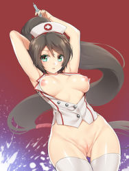  1girl akali akali_(legacy) arms_up blouse bottomless breasts brown_hair cleft_of_venus cowboy_shot curvy dutch_angle fuya_(tempupupu) gluteal_fold green_eyes hat highres large_breasts league_of_legends long_hair looking_at_viewer low-tied_long_hair nipples nurse_akali nurse_cap open_clothes open_mouth open_shirt ponytail puffy_nipples pussy shirt solo syringe thigh_gap thighhighs uncensored very_long_hair white_thighhighs wide_hips  rating:Explicit score:112 user:danbooru