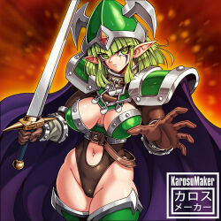 1girl armor armored_boots artist_logo artist_name bare_hips boots bracer breast_armor breasts brown_gloves brown_leotard cape celtic_guardian chest_armor cleavage cleavage_cutout closed_mouth clothing_cutout cowboy_shot duel_monster elf facial_mark female_focus genderswap genderswap_(mtf) gloves green_eyes green_footwear green_hair green_helmet hands_up helmet highleg highleg_leotard holding holding_sword holding_weapon karosu_maker large_breasts leotard long_sleeves looking_at_viewer matching_hair/eyes medium_hair navel navel_cutout orange_background pointy_ears purple_cape serious shoulder_armor simple_background solo standing sword thigh_boots thighs weapon wide_hips yu-gi-oh!