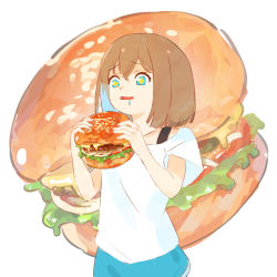  +_+ 1girl aqua_eyes aqua_shorts brown_hair burger commentary_request fishofthelakes food food_awe food_focus highres holding holding_food open_mouth original saliva shirt short_sleeves shorts simple_background solo white_background white_shirt yellow_pupils 