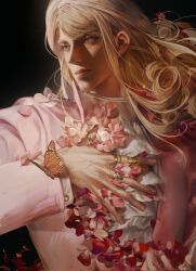  1boy ascot black_background blonde_hair blue_eyes bug butterfly butterfly_on_hand curly_hair flower formal funny_valentine hand_on_own_chest highres insect jewelry jojo_no_kimyou_na_bouken long_hair long_sleeves looking_to_the_side male_focus monarch_butterfly multiple_rings pink_suit qvlv_kuzi_feichuan ring solo steel_ball_run suit white_ascot 