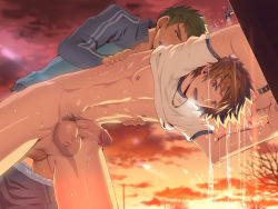 2boys anal artist_request bent_over blue_eyes bottomless brown_eyes brown_hair clothes_lift cloud faucet glans gym_uniform jewelry male_focus male_penetrated multiple_boys necklace nipples open_mouth outdoors penis school sex shirt shirt_lift sunset testicles tree uncensored water white_shirt yaoi  rating:Explicit score:84 user:PoisonPlush
