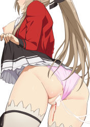 1girl after_vaginal aftersex amagi_brilliant_park ass blood blush breasts breasts_out brown_hair censored clothes_lift clothing_aside cum cum_in_pussy cum_string cumdrip defloration female_focus from_behind hair_ornament head_out_of_frame highres jacket large_breasts lifting_own_clothes lips long_hair long_sleeves morisobo mosaic_censoring nipples no_bra open_clothes panties panties_aside parted_lips pink_panties ponytail profile pussy sento_isuzu sideboob simple_background skirt skirt_hold skirt_lift solo thighhighs thighs underwear very_long_hair white_background white_thighhighs rating:Explicit score:247 user:danbooru