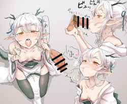  1boy 1girl :&gt;= bar_censor bare_shoulders bee_(deadflow) black_thighhighs blue_ribbon blush breasts breasts_out brown_eyes censored collarbone cum cum_in_mouth cum_on_tongue cum_string double_bun dragon_girl dragon_horns dragon_tail erection fellatio folded_ponytail gokkun grey_background hair_between_eyes hair_bun hair_ribbon hair_up heart heavy_breathing hetero holding holding_own_hair horns inverted_nipples japanese_clothes kimono kneeling kuryuu_kohaku lips loincloth long_hair male_pubic_hair multiple_views nipples nose_blush off_shoulder open_mouth oral original penis pointy_ears profile pubic_hair puckered_lips puffy_nipples ribbon seiza sitting slit_pupils small_breasts solo_focus stray_pubic_hair sweat tail teeth testicle_grab thighhighs tongue tongue_out veins veiny_penis white_hair  rating:Explicit score:206 user:danbooru