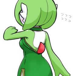  1girl back_cutout blush bob_cut chinese_clothes clothing_cutout colored_skin creatures_(company) dress flying_sweatdrops from_behind game_freak gardevoir gen_3_pokemon green_dress green_hair lowres multicolored_skin nintendo pokemon pokemon_(creature) rmtwo simple_background two-tone_skin white_background white_skin 