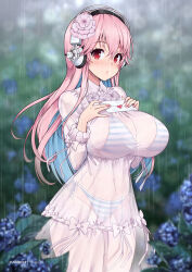  1girl bikini blue_hair bow breasts cleavage dress headphones heart large_breasts letter long_hair love_letter multicolored_hair navel nitroplus pink_hair red_eyes see-through skindentation solo striped_bikini striped_clothes super_sonico swimsuit two-tone_hair virus-g  rating:Sensitive score:30 user:RIG