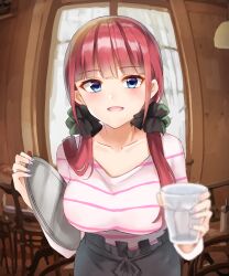  1girl :d apron black_apron black_scrunchie blue_eyes blunt_bangs blurry breasts butterfly_hair_ornament collarbone commentary_request cup depth_of_field go-toubun_no_hanayome gradient_nails hair_ornament hair_scrunchie highres holding holding_cup holding_tray indoors large_breasts lemon_t long_hair looking_at_viewer low_twintails nakano_nino open_mouth pink_hair pink_shirt scrunchie shirt smile solo striped_clothes striped_shirt tray twintails waist_apron waitress 