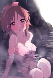  1girl :o abe_nana absurdres blush bow_hairband breasts collarbone commentary_request hairband highres idolmaster idolmaster_cinderella_girls knees_up long_hair looking_at_viewer medium_breasts onsen orange_hair partially_submerged ponytail pov refraction rock sitting solo speech_bubble steam translated wet wet_hair woshinon 
