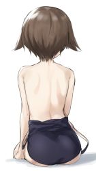  1girl absurdres ass back bare_shoulders brown_hair clothes_pull fankupl from_behind hair_flaps highres miyafuji_yoshika off_shoulder one-piece_swimsuit_pull partially_undressed school_swimsuit short_hair shoulder_blades sitting solo strike_witches swimsuit white_background world_witches_series  rating:Sensitive score:56 user:danbooru