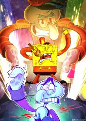  3boys absurdres clenched_teeth fireworks grin hand_on_own_chest hand_tentacles heart_attack highres holding holding_microphone holes marching_band microphone misslattesart multiple_boys purple_robe robe smile sponge spongebob_squarepants spongebob_squarepants_(series) squid squid_boy squidward_tentacles squilliam_fancyson sweat teeth tentacles trembling twinkle_eye twitter_username unibrow uniform yellow_sponge 