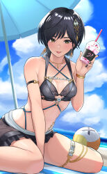  1girl absurdres ball beach bikini blue_sky blush dead_or_alive dead_or_alive_xtreme_venus_vacation highres kunimaki looking_at_viewer nagisa_(doa) sand sky swimsuit tagme volleyball_(object)  rating:General score:9 user:jamonserrano