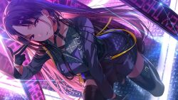  black_hair collarbone dutch_angle finger_gun game_cg gloves half_gloves head_tilt idoly_pride kneeling long_hair looking_at_viewer miho_(idoly_pride) neon_sign official_art open_mouth purple_eyes stage stage_lights thighs very_long_hair 