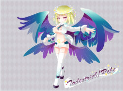  1girl areola_slip argyle argyle_background beatmania beatmania_iidx between_breasts black_necktie blonde_hair blue_wings blush breasts character_name copyright_name covered_erect_nipples full_body gokapon grey_background large_breasts long_sleeves low_wings multiple_wings navel necktie necktie_between_breasts open_clothes open_shirt outstretched_arm pink_eyes rche_(beatmania) shorts smile solo thighhighs white_shorts white_thighhighs wings 