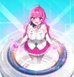  1girl ahoge black_bow black_bowtie bow bowtie breasts cleavage elbow_gloves gloves halhal_reckless highres large_breasts long_hair pink_eyes pink_hair pink_skirt rasis skirt smile sound_voltex sound_voltex_ii_infinite_infection thighhighs white_thighhighs 