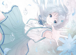  1girl aqua_skirt artist_name blue_eyes blue_flower blue_hair blue_ribbon blue_theme closed_mouth collared_shirt commentary_request crying crying_with_eyes_open dot_nose dress_shirt falling floating_hair flower grey_hair hair_ornament hairpin highres houga_1710_sps kakurenbocchi legs_up light_blue_hair long_hair looking_at_viewer neck_ribbon outstretched_arms pleated_skirt reaching reaching_towards_viewer ribbon sad shirt short_sleeves signature skirt suspender_skirt suspenders tears tuyu_(band) water_drop_hair_ornament white_background white_shirt 
