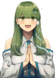  1girl :d bare_shoulders blue_skirt breasts collared_shirt detached_sleeves frog_hair_ornament green_eyes green_hair hair_ornament highres kochiya_sanae large_breasts light_blush long_hair long_sleeves open_mouth own_hands_clasped own_hands_together shirt single_sidelock skirt smile snake_hair_ornament tebukuro_withana teeth touhou upper_body upper_teeth_only very_long_hair white_shirt white_sleeves wide_sleeves  rating:General score:3 user:danbooru
