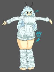  antennae arthropod_girl blue_eyes blue_hair breasts bug fluffy heart highres kneehighs large_breasts mature_female motherly mothernull nose plump pointy_ears smile socks sweater thick_thighs thighs turtleneck turtleneck_sweater white_hair wide_hips winter_time_(sakura_stand)  rating:Questionable score:3 user:MotherNull